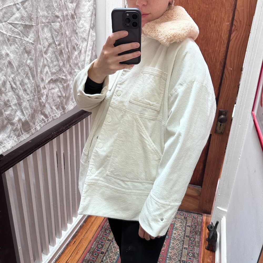 Ganni Ridgewood Faux Fur-trimmed Cotton-blend Corduroy Jacket in off-white. - Picture 5 of 12